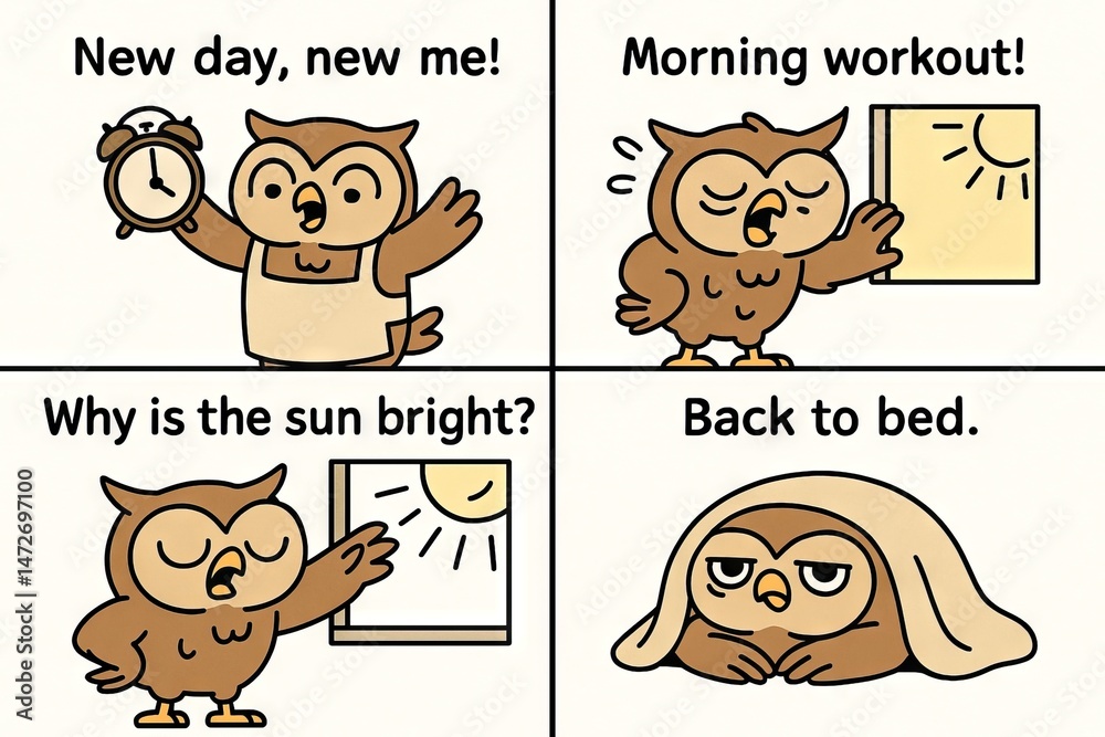 Owl comic strip featuring a humorous morning routine. concept of reluctance, motivation, cute animal cartoon, daily life, sleep, reaction to bright sunlight. Funny comic strip