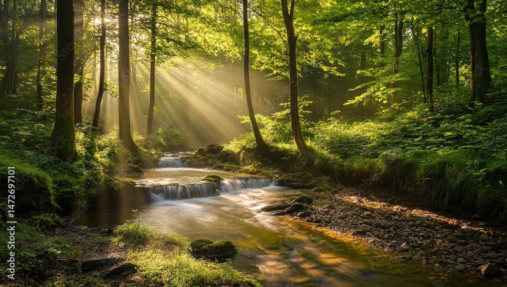 Obraz premium Sunbeams piercing a misty forest, cascading waterfall