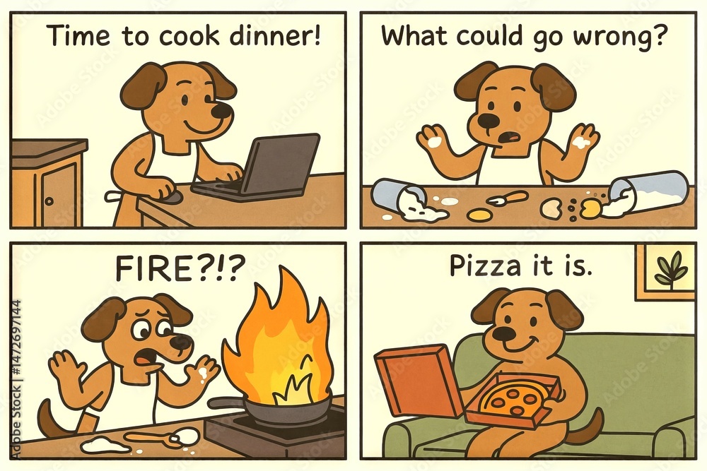 Cartoon dog attempts to cook dinner but ends up ordering pizza instead. comedic illustration of kitchen mishaps and deciding on pizza. concept of humor, cooking fail, easy meal. Funny comic strip
