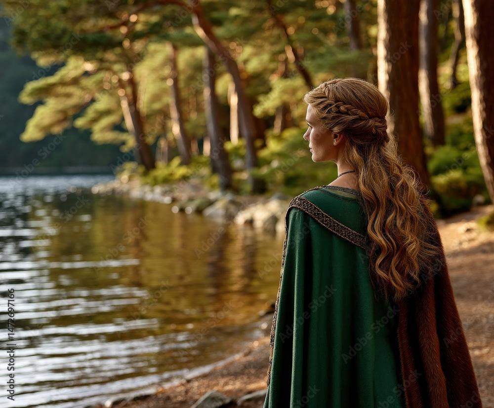 Viking woman in a forest near a lake observes her surroundings Viking woman in a forest near a lake observes her surroundings