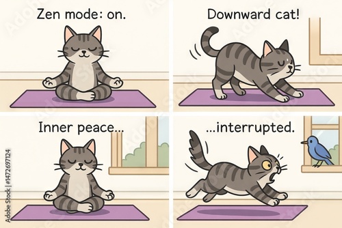 Cute tabby cat practicing yoga with funny poses and unexpected bird encounter in comic style illustration. concept of humor, relaxation, animals, zen, surprise. Funny comic strip