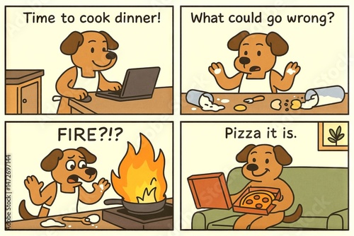 Obraz na płótnie Cartoon dog attempts to cook dinner but ends up ordering pizza instead. comedic illustration of kitchen mishaps and deciding on pizza. concept of humor, cooking fail, easy meal. Funny comic strip w salonie