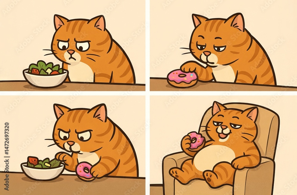 Cartoon comic orange cat choosing between salad and pink donut, enjoying a snack while relaxing in a chair. humorous concept of unhealthy foods, indulgence, diet choices. Funny comic strip