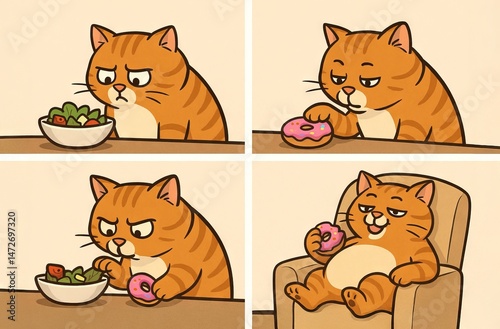 Obraz na płótnie Cartoon comic orange cat choosing between salad and pink donut, enjoying a snack while relaxing in a chair. humorous concept of unhealthy foods, indulgence, diet choices. Funny comic strip w salonie