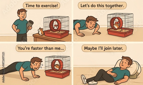Funny comics about failed workout motivation featuring man and hamster on exercise wheel. Concept of fitness struggle, procrastination, unrealistic expectations, workout humor. comic strip