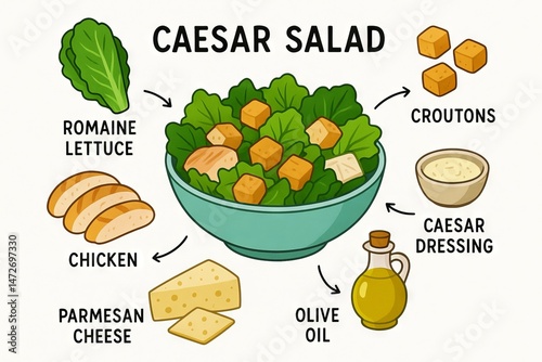 Illustration of caesar salad ingredients with romaine, croutons, chicken, parmesan, caesar dressing, and olive oil in a bowl. concept of fresh cooking, classic dish, flavorful salad. White background