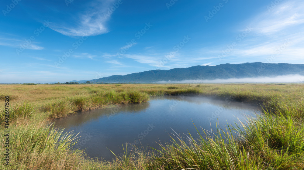 Fototapeta premium coastal wetland in el salvador with mist and fog showcasing natural symmetry