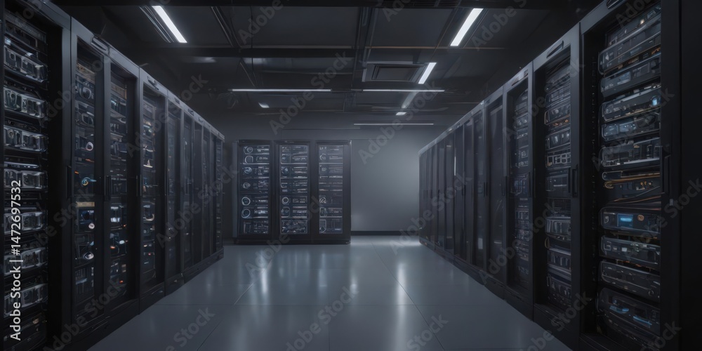 Fototapeta premium Brightly lit server room with complex network equipment , high-tech, server