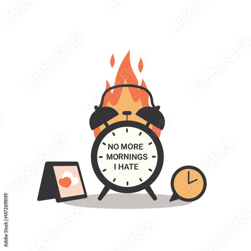 Alarm clock on fire with motivational message against white background  