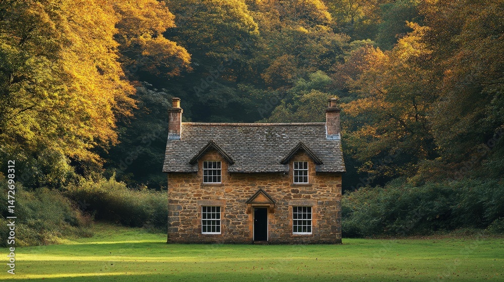 Fototapeta premium Rustic stone cottage nestled within autumnal woodland.