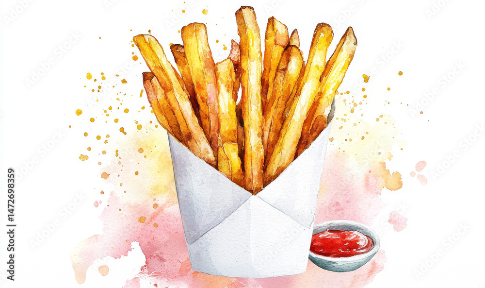 Delicious golden french fries watercolor illustration with ketchup. concept of fast food art, crispy snacks, gourmet sides, tasty illustrations