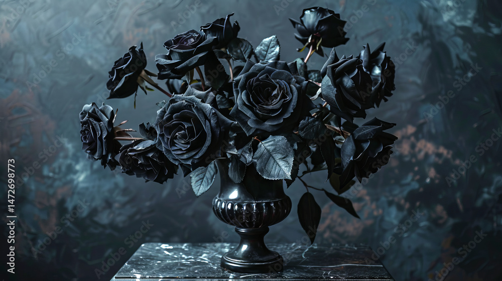 Elegant Dark Black Roses in an Intricate Vase on a Mysterious Background. Concept of Gothic Beauty, Floral Arrangement, Dark Aesthetics
