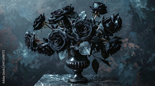 Obraz na płótnie Elegant Dark Black Roses in an Intricate Vase on a Mysterious Background. Concept of Gothic Beauty, Floral Arrangement, Dark Aesthetics w salonie