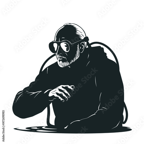 Old man diving into water with scuba gear against a white background  