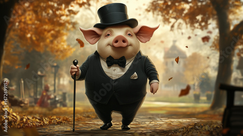 Whimsical pig dressed in a tuxedo walking in autumn park  