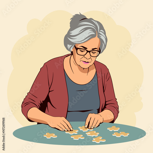 Elderly Woman Focusing on Assembling a Puzzle at Home  