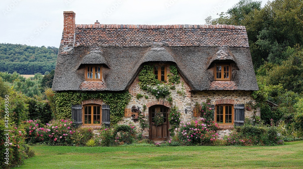 Fototapeta premium Rustic stone cottage with thatched roof and garden.