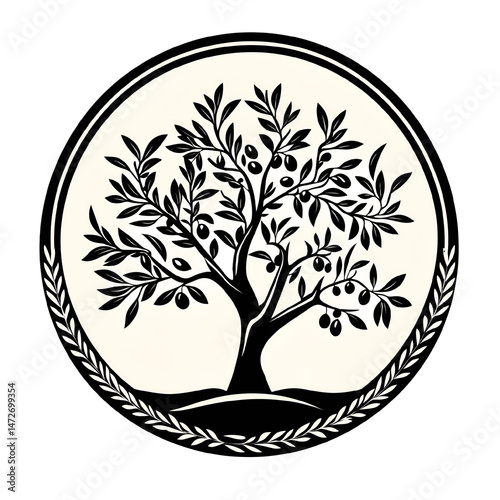 Elegant olive tree logo design featuring olive branches and fruit within a circular frame