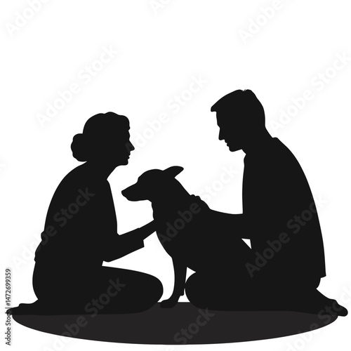 Loving couple interacting with their dog in silhouette  