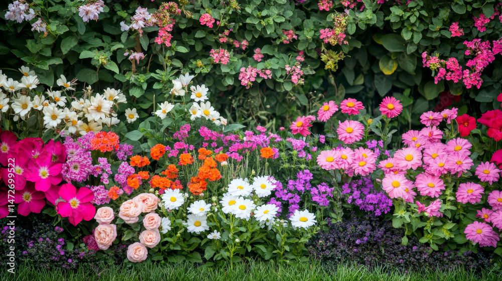 Fototapeta premium A decorative flower border, featuring a variety of colorful blooms arranged in a symmetrical pattern,