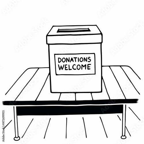 テーブルに置かれた寄付箱の線画 / Donation box on table line art