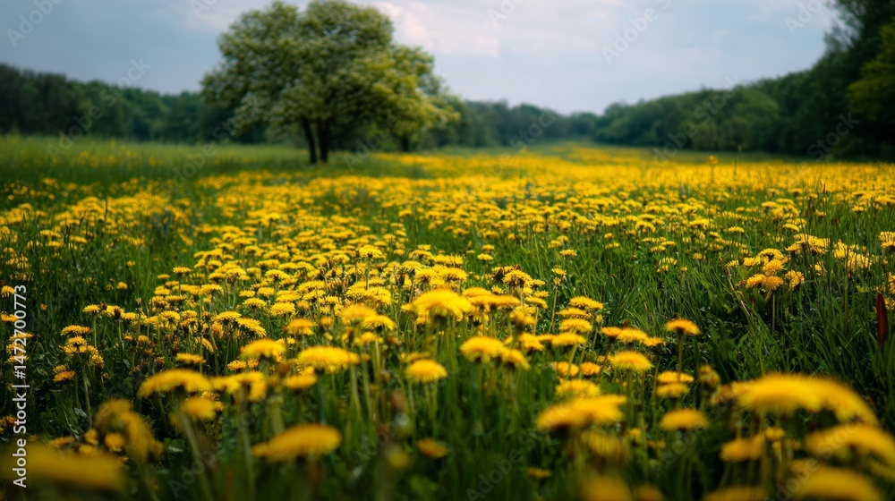 Fototapeta premium Bright yellow dandelion meadow under dramatic cloudy sky in vivid spring landscape