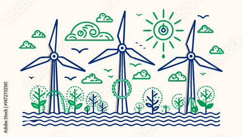 Vector illustration of modern wind turbines installed in the city. Greenery and clear sky in the background. Minimalistic style with clean lines and soft colors.