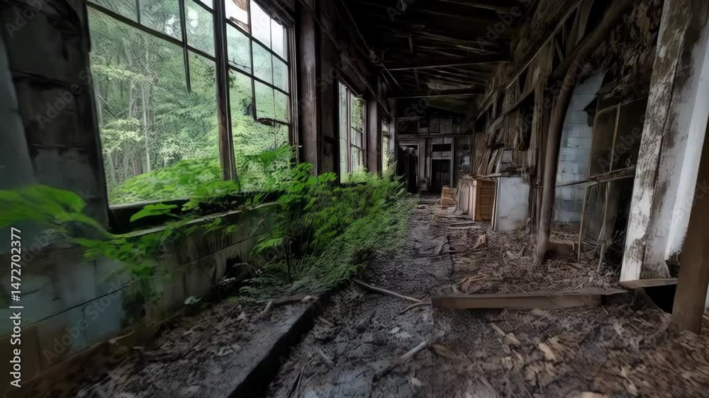 Eerie, decaying hallway with overgrown ferns, showcasing broken windows, rubble-strewn floor, and dilapidated wooden walls inside abandoned structure. Eerie, decaying hallway with overgrown ferns, showcasing broken windows, rubble-strewn floor, and dilapidated wooden walls inside abandoned structure.