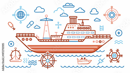 Vector illustration of a cruise liner sailing on the sea. Sea attributes: steering wheel, sailboat, ship, compass, landmark, map, anchor. Ship as a means of transportation on the sea. Sea voyage