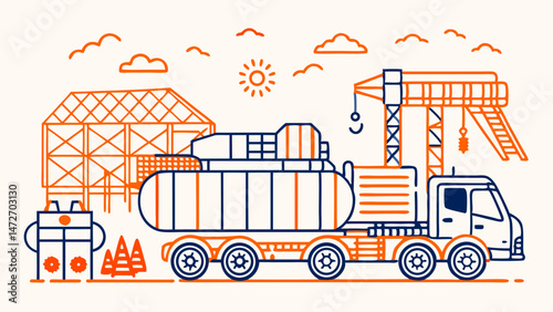 Construction site. Construction work process with houses and construction machines. Engineer with construction project. Vector illustration for mobile and web graphics. Labor day