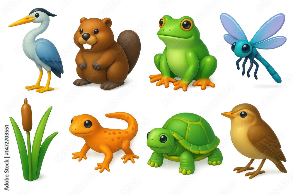 Naklejka premium 3d wetland wildlife icons set – heron, beaver, frog, dragonfly, cattail, salamander, turtle, bird. 3D icon set