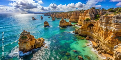 Scenic coastal cliffs and turquoise waters under a beautiful cloudy sky algarve portugal