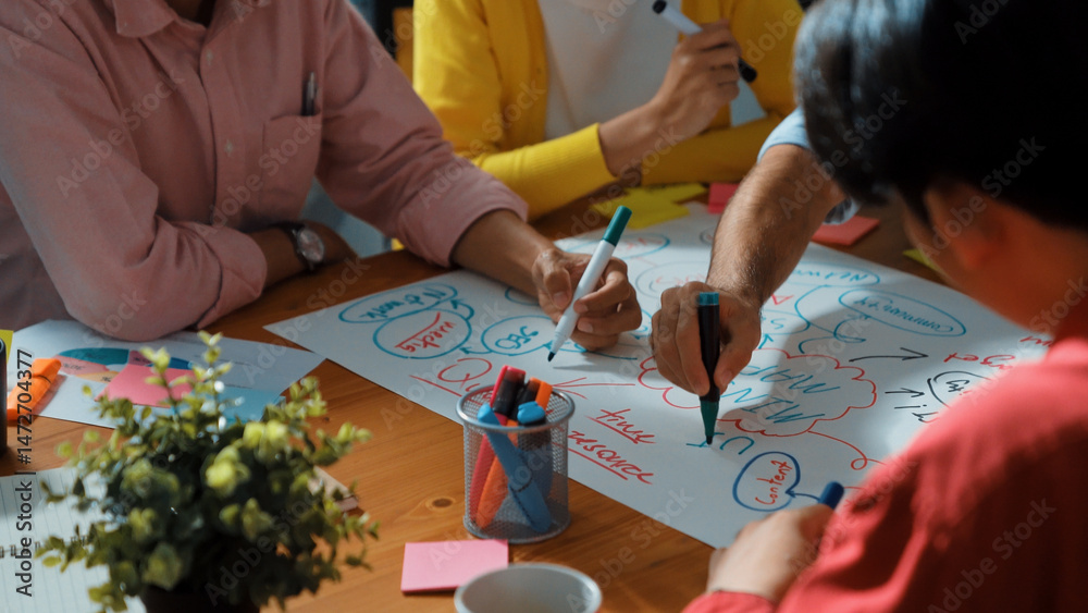 Obraz premium Group of people using mind map sharing marketing idea and brainstorm plan. Closeup of smart business working together to draw mind map by using marker and plan creative start up project. Convocation.