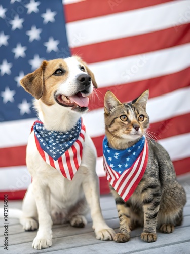 Patriotic Dog and Cat Wearing American Flag Bandanas Sitting Together