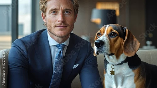 Man in Suit with Beagle Dog, Elegant Portrait