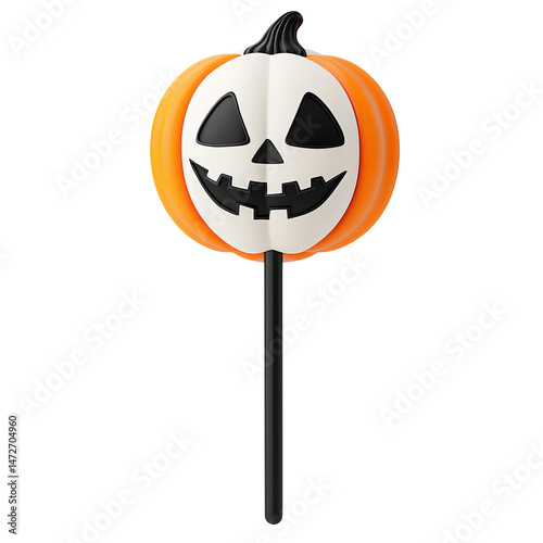 A playful Halloween pumpkin lollipop with a cheerful grin,  perfect for adding a festive touch to any Halloween party.