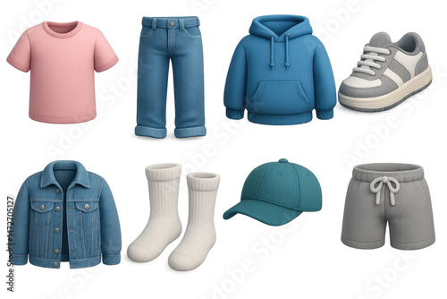 Fashion icons set – t-shirt, jeans, hoodie, sneakers, jacket, socks, cap, shorts. 3D icon set