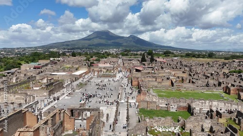 aerial view of Historic streets of Ancient  roman city of Pompeii Italy on the shadow of Mt Vesuvius