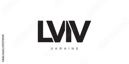 Lviv in the Ukraine emblem. The design features a geometric style, vector illustration with bold typography in a modern font. The graphic slogan lettering.