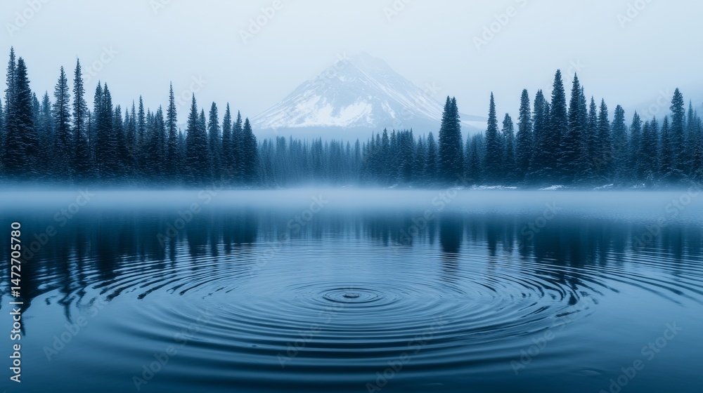 Fototapeta premium Misty Morning Lake with Circular Water Ripples and Forested Mountain Background — Tranquil Nature Scene for Wellness, Travel, and Environmental Concepts