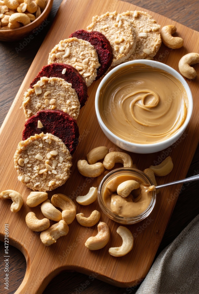 Fototapeta premium Delightful Snack Arrangement Featuring Nut Butter, Crunchy Cashews, and Delicious Cookies on a Wooden Serving Board for Healthy Enjoyment