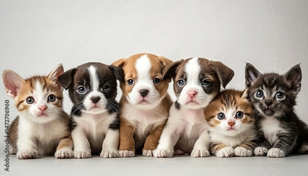 Obraz premium A group of cute puppies and cats, sitting together on a white background,