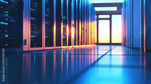 Sunset light reflecting off rows of data servers in a modern data center corridor, great for visualizing smart infrastructure, IT environments, and digital innovation themes