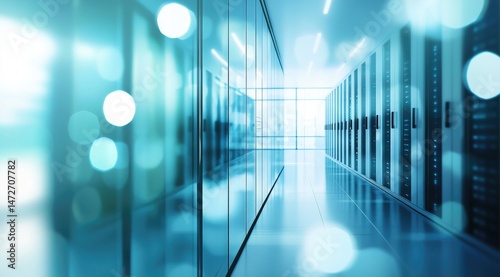 Bright futuristic server room with blue glowing lights, glass reflections, and network racks, perfect for illustrating modern IT, data centers, and cloud computing services