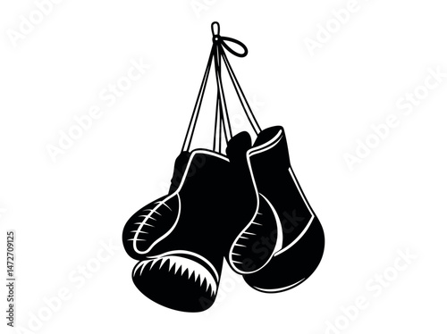 Stylish Boxing Gloves Silhouette Vector Graphic, black and white silhouette of two boxing gloves hanging, creating a strong, dynamic visual. boxing gloves, boxing, martial arts, sports, monochrome.