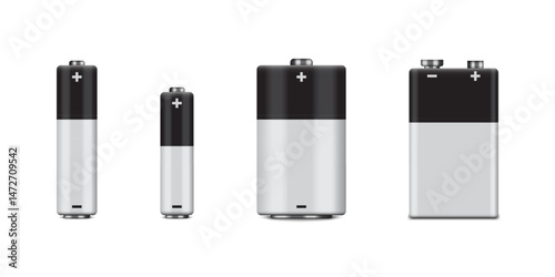 Vector 3d Realistic Black and Black Alkaline Battery Icon Set Closeup Isolated on White Background. vector illustration