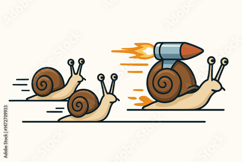 Humorous vector illustration of a snail race concept. One snail uses a rocket booster, symbolizing speed, advantage, competition, innovation, efficiency, and outperforming rivals.