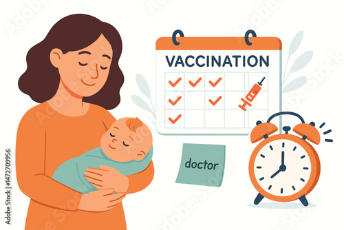 Caring mother holds sleeping newborn, planning infant's health with vaccination schedule calendar, doctor reminder note, and alarm clock. Concept of immunization and pediatric care vector.
