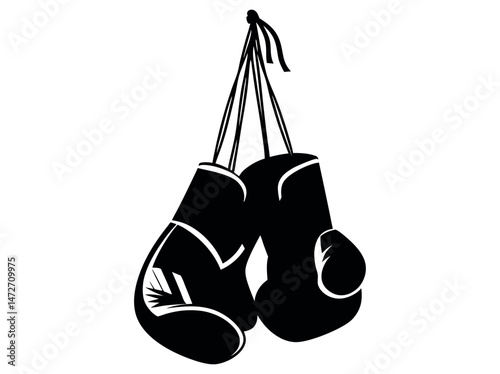 Stylish Boxing Gloves Silhouette Vector Graphic, black and white silhouette of two boxing gloves hanging, creating a strong, dynamic visual. boxing gloves, boxing, martial arts, sports, monochrome.