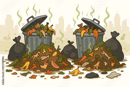 Overflowing smelly trash cans vector graphic with garbage piles, food waste, and plastic bags littering an urban street against a city skyline background illustration.